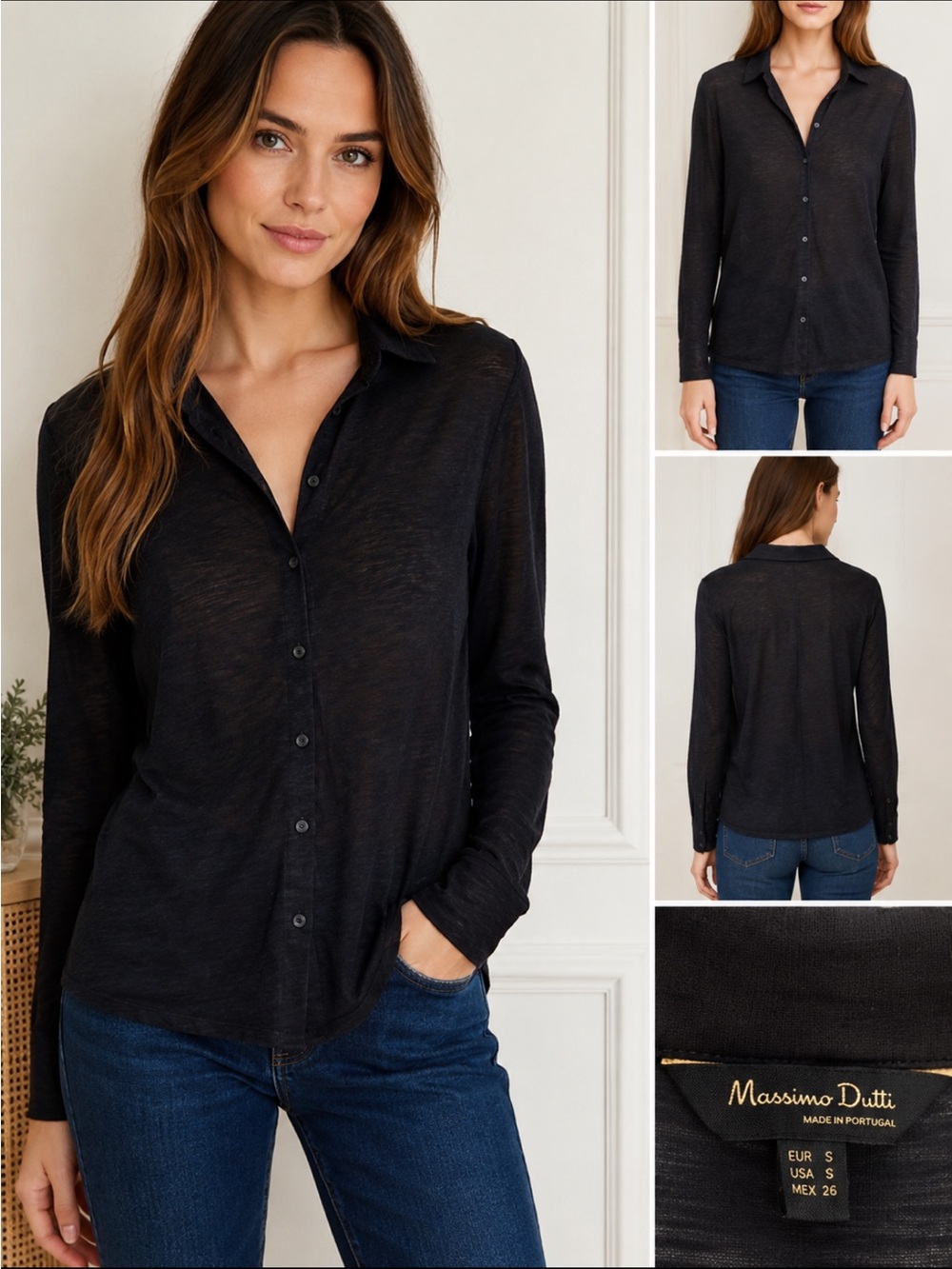 Massimo Dutti Black Sheer Button-Down Blouse